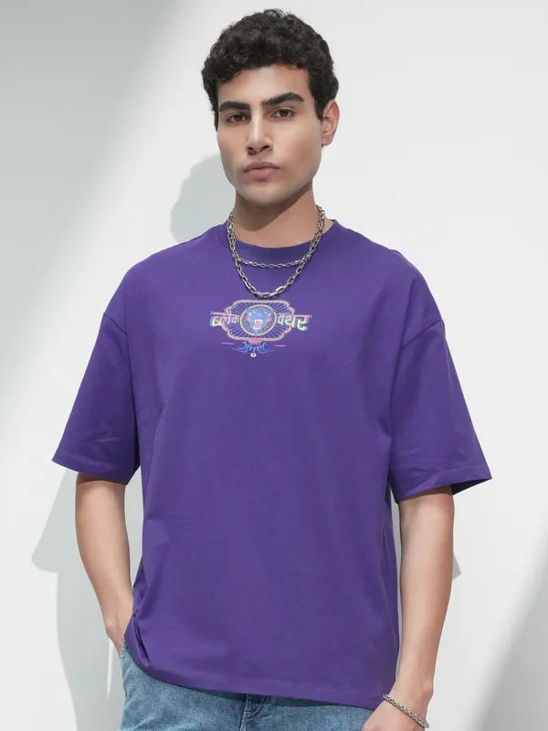 Purple Black Panther Printed Oversized Round Neck T-Shirt Men’s Trendy Streetwear Look