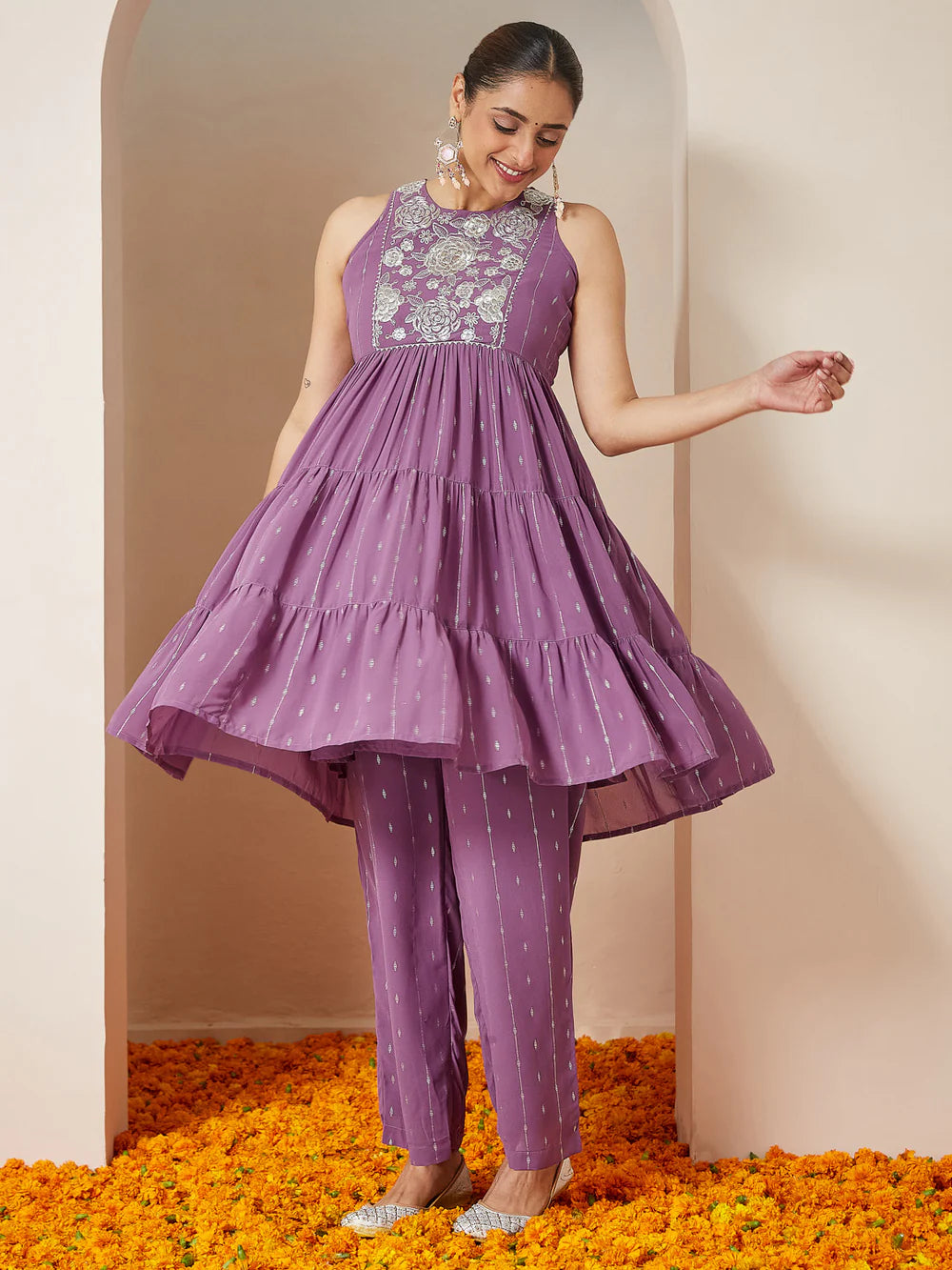 Beautiful Women’s Lavender Georgette Embellished Kurta With Palazzo Set Perfect for Party Ready Look