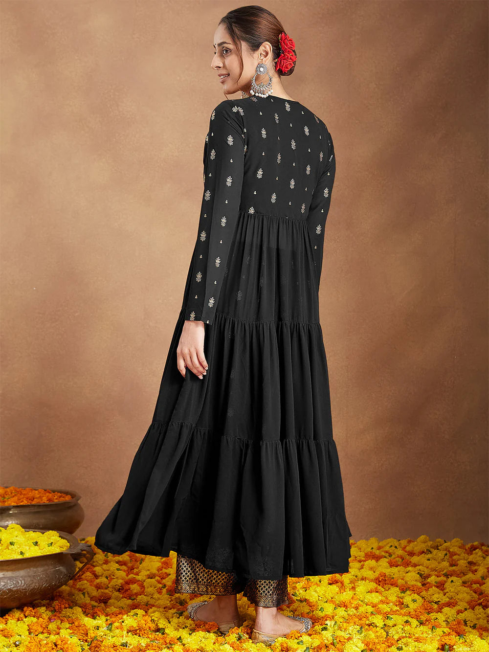 Premium Designer Black Georgette Embellished Foil Printed Front-open Tiered Kurta Pant Set for Festive Occasions