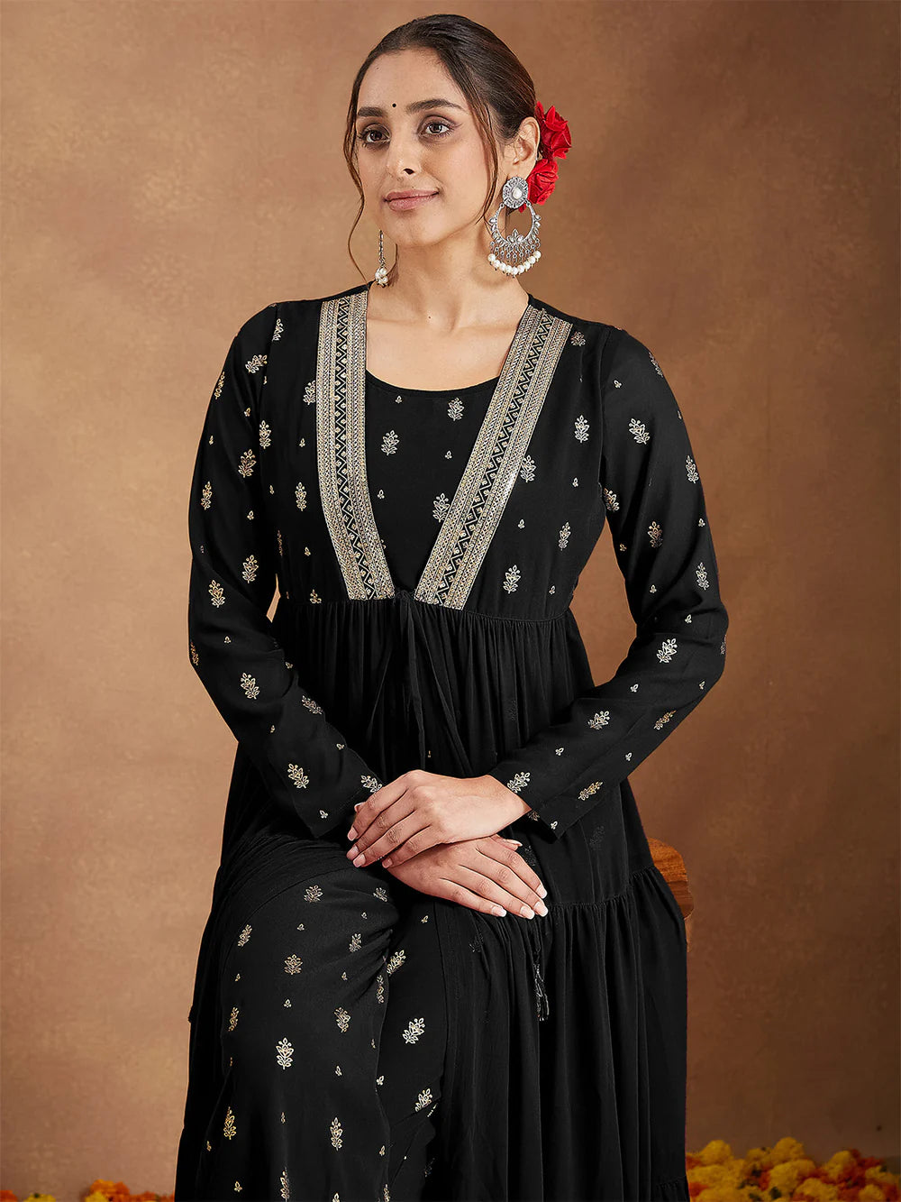 Festive Women’s Black Georgette Kurta Set Featuring Tiered Front-Open Silhouette, Embellishments, and Coordinated Pants