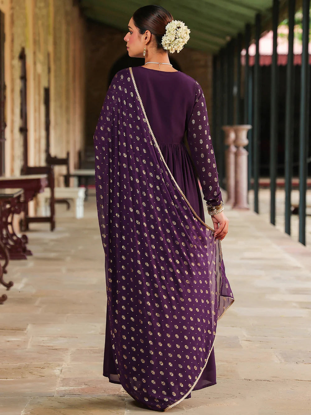 Premium Women’s Purple Georgette Kurta Set with Foil Print, Intricate Embellishments, Gathered Hem, and Matching Dupatta