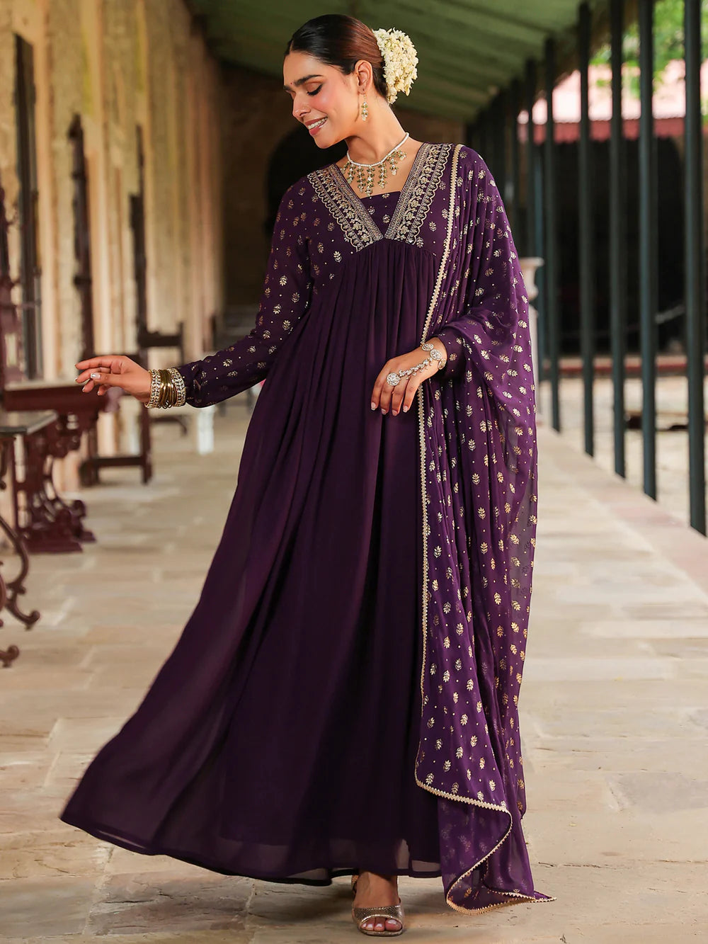 Premium Women’s Purple Georgette Kurta Set with Foil Print, Intricate Embellishments, Gathered Hem, and Matching Dupatta