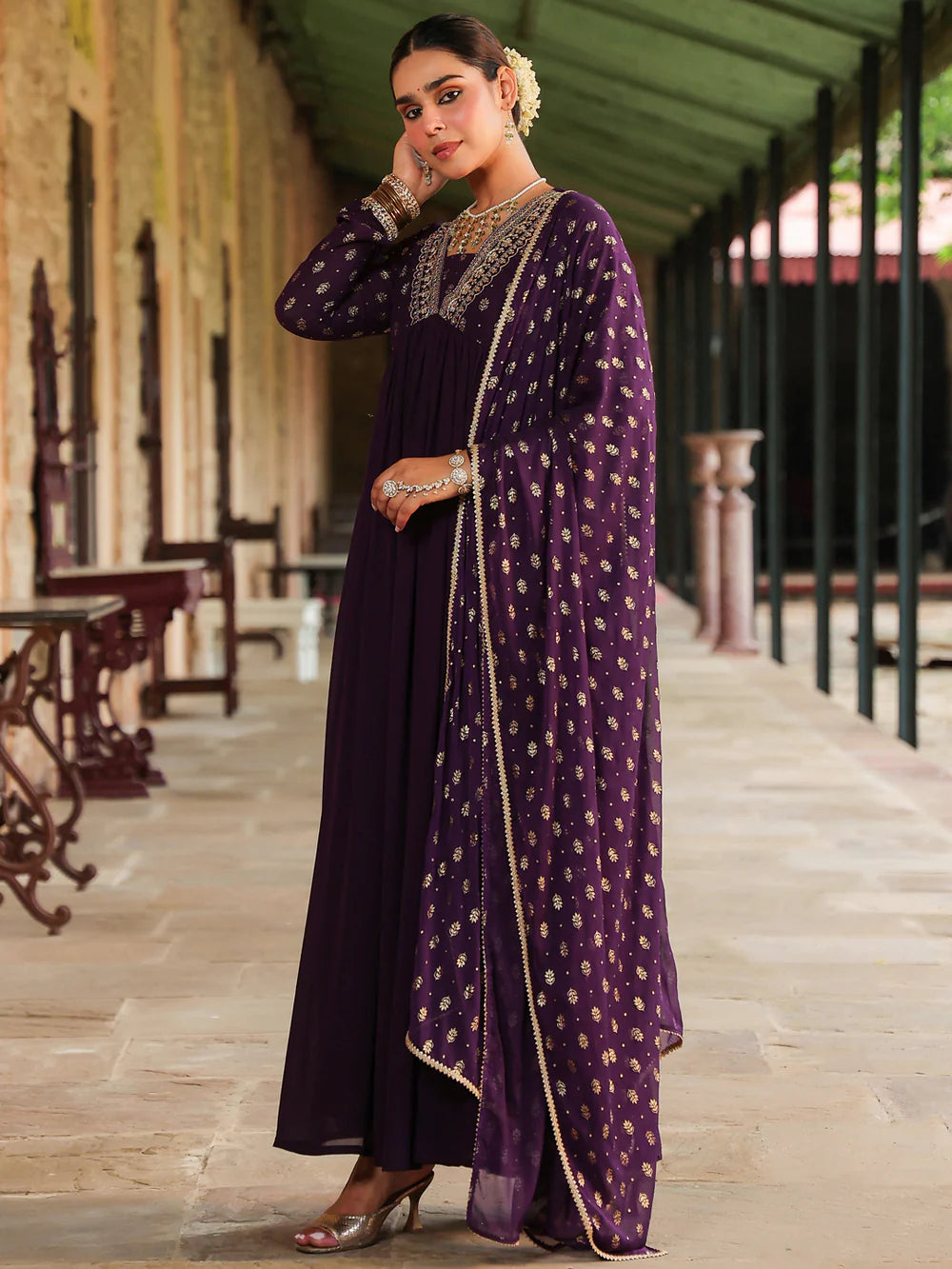 Premium Women’s Purple Georgette Kurta Set with Foil Print, Intricate Embellishments, Gathered Hem, and Matching Dupatta