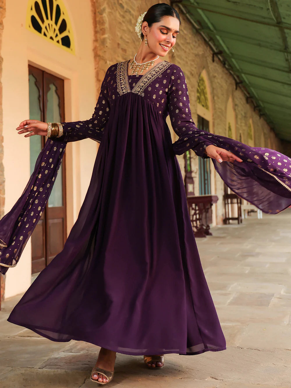 Premium Women’s Purple Georgette Kurta Set with Foil Print, Intricate Embellishments, Gathered Hem, and Matching Dupatta