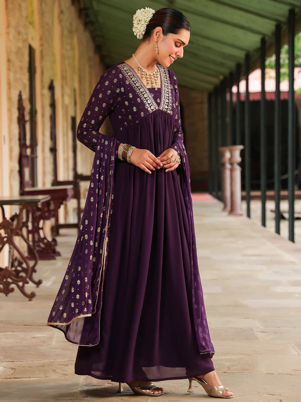 Premium Women’s Purple Georgette Kurta Set with Foil Print, Intricate Embellishments, Gathered Hem, and Matching Dupatta