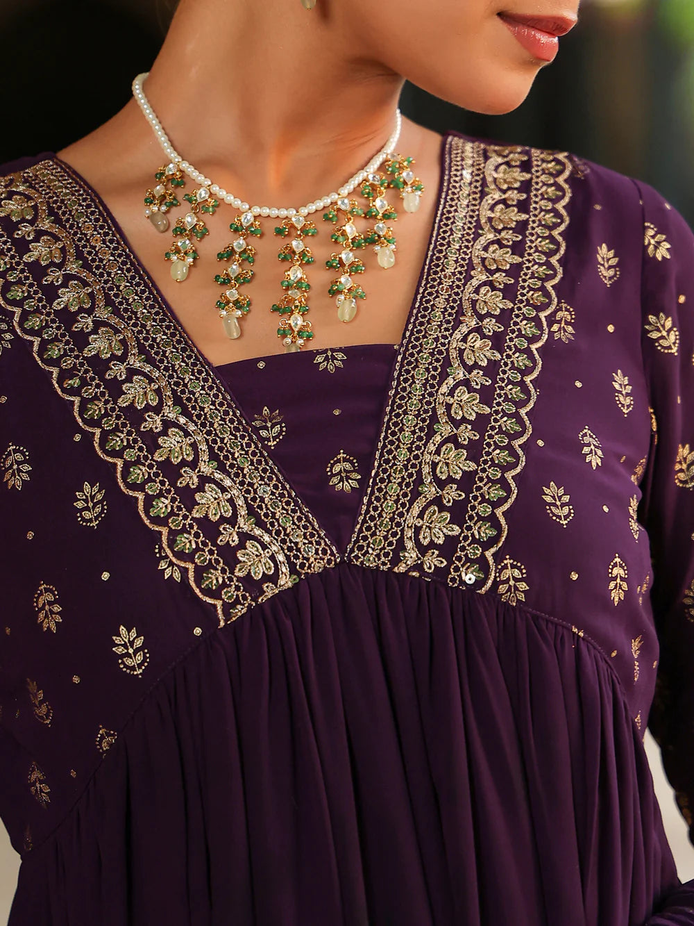 Premium Women’s Purple Georgette Kurta Set with Foil Print, Intricate Embellishments, Gathered Hem, and Matching Dupatta