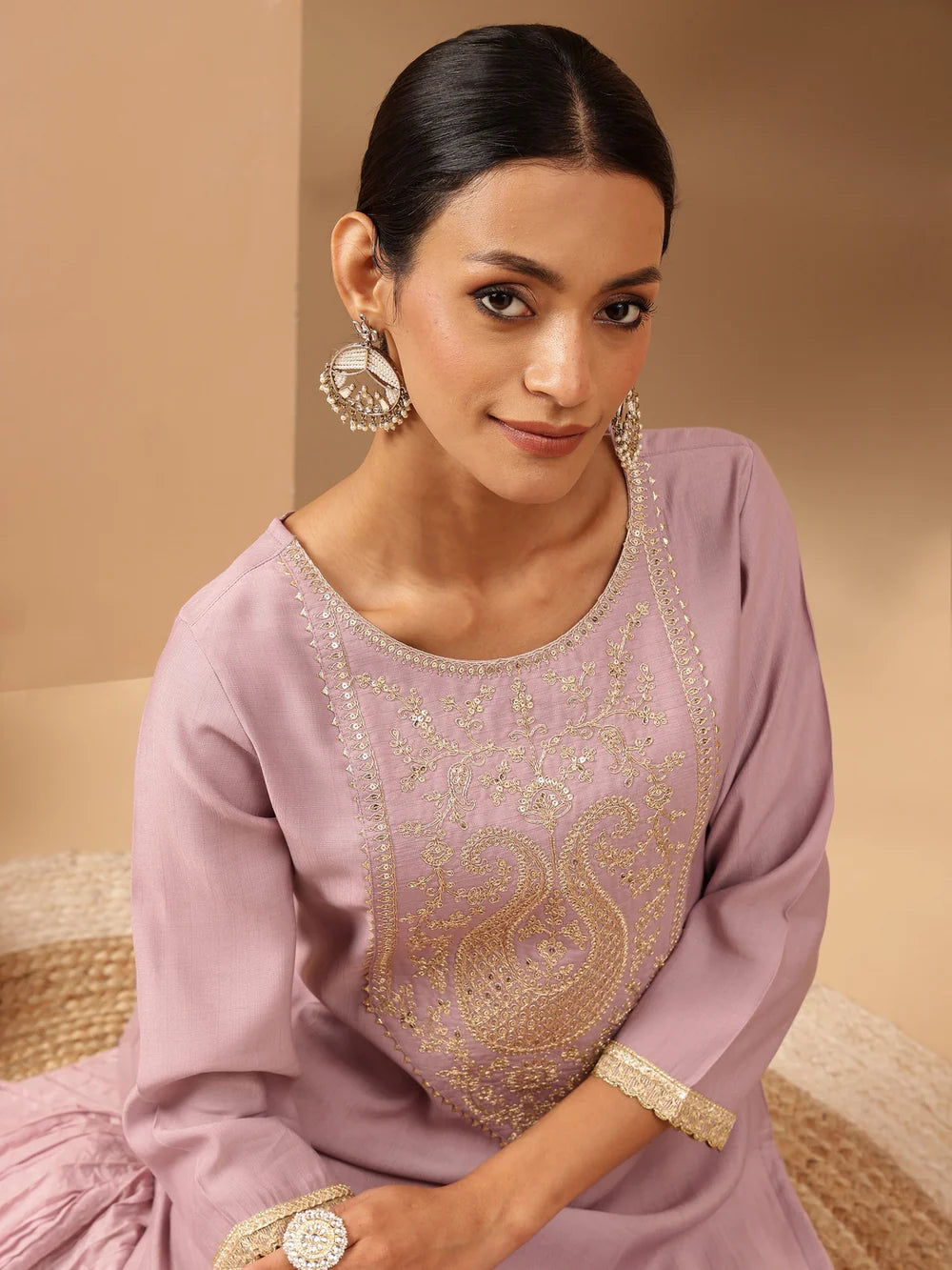 Fancy Lavender Silk Blend Yoke Embroidered Straight Kurta Perfect for Evening Gatherings and Special Events