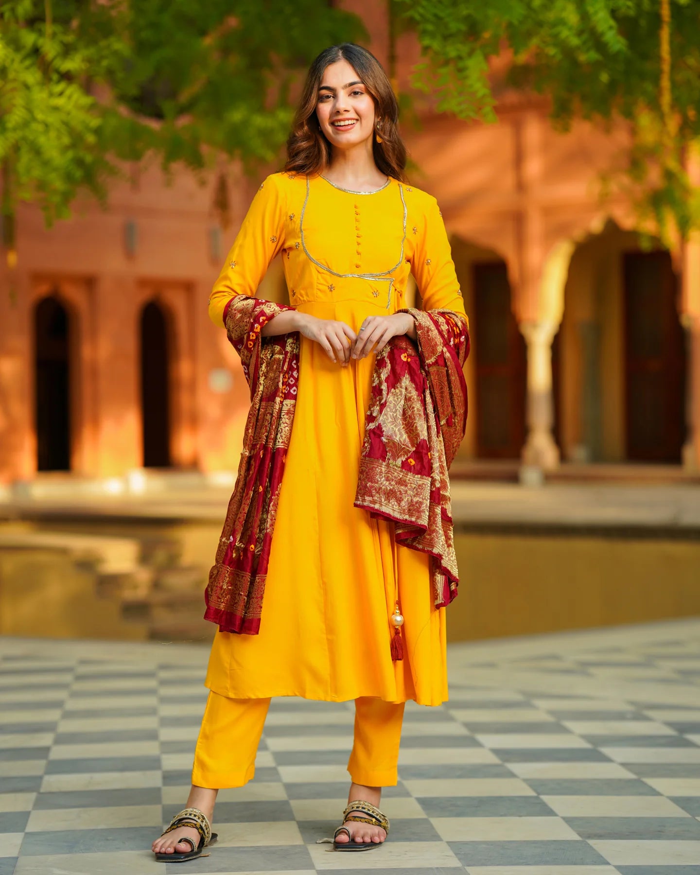 Designer Women’s Mustard Angrakha Kurta Set with Coordinated Bottoms and Flowing Dupatta for Special Occasions
