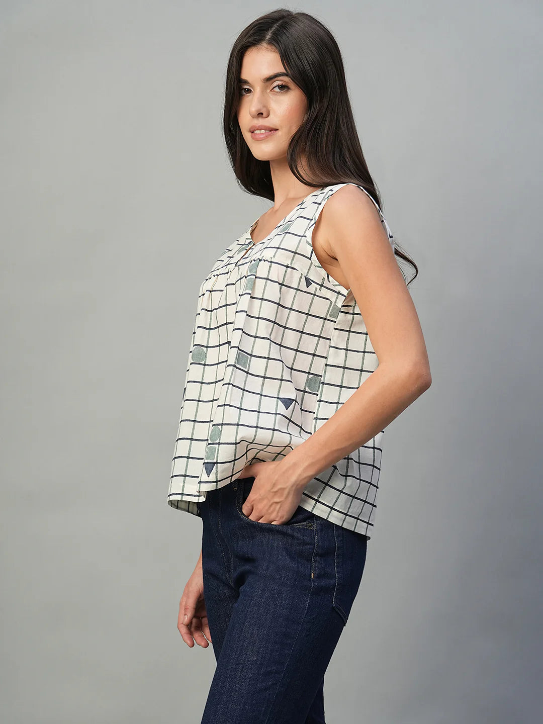 Fashionable Women Blue Cotton Blouse with Classic Regular Fit