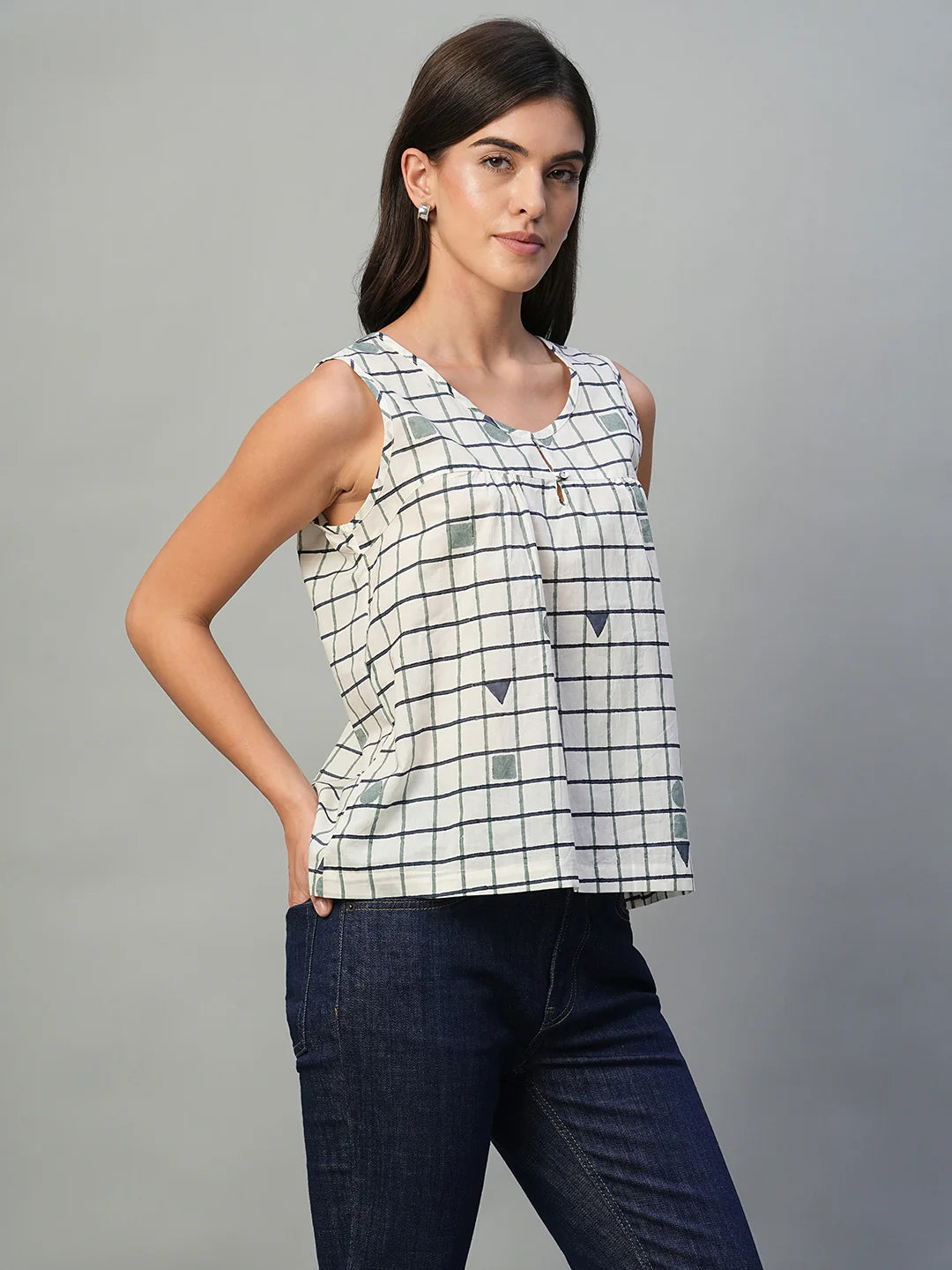 Fashionable Women Blue Cotton Blouse with Classic Regular Fit