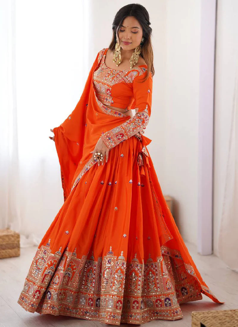 Orange Silk Lehenga Choli with Designer Sequin Embroidery – Latest Party Wear Collection