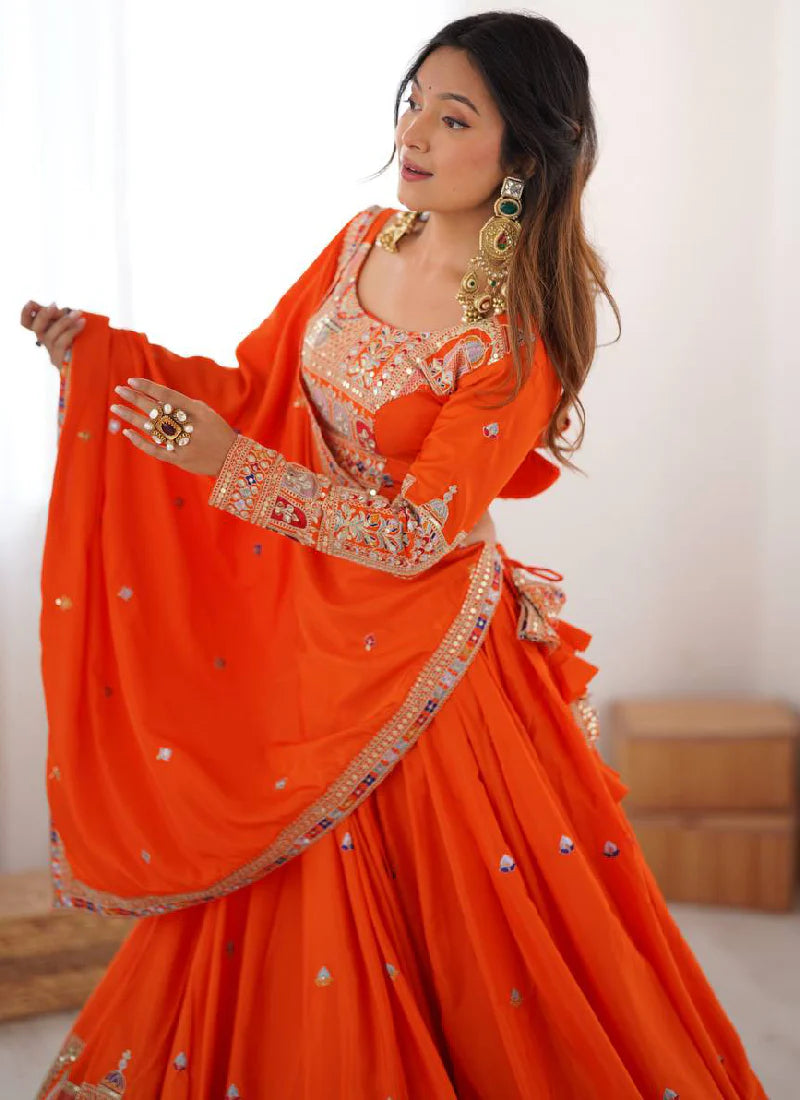 Orange Silk Lehenga Choli with Designer Sequin Embroidery – Latest Party Wear Collection