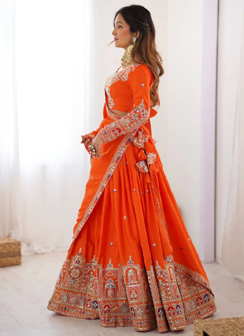 Orange Silk Lehenga Choli with Designer Sequin Embroidery – Latest Party Wear Collection