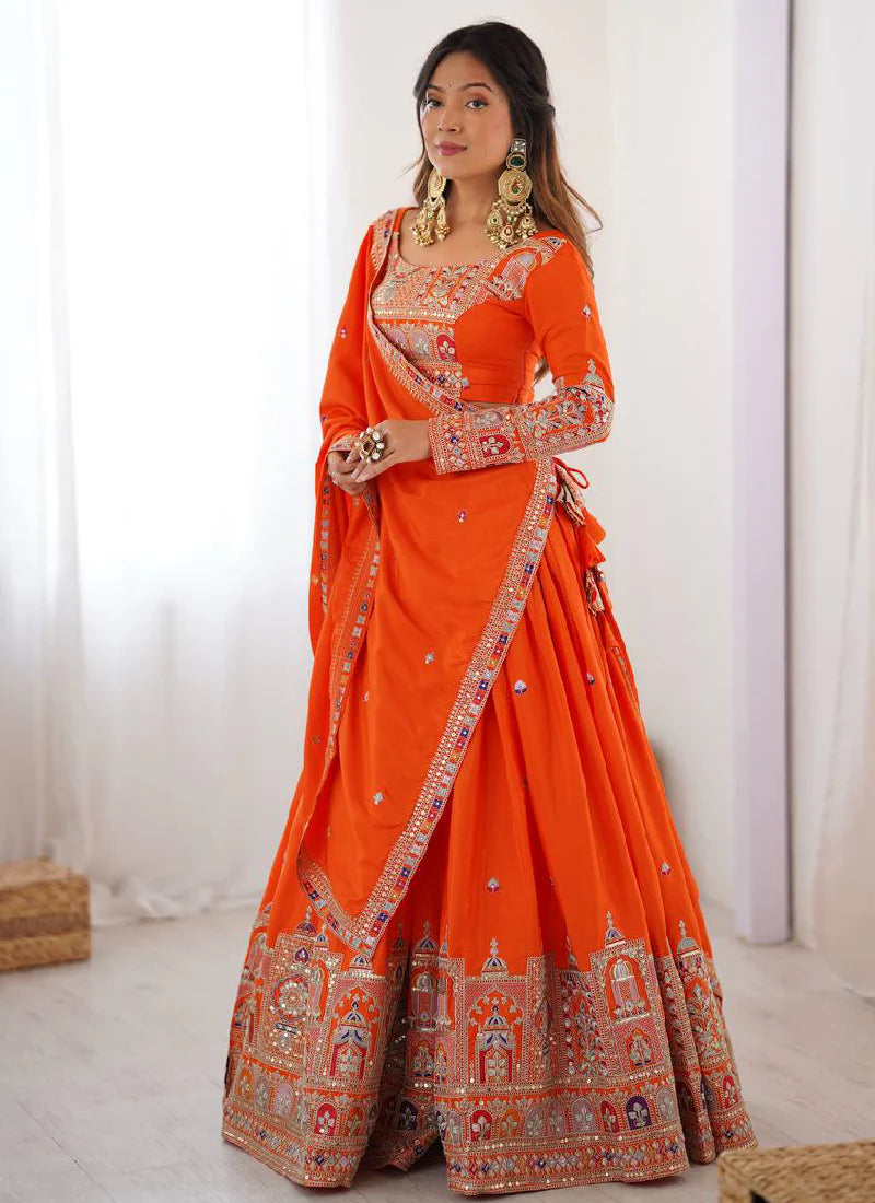 Orange Silk Lehenga Choli with Designer Sequin Embroidery – Latest Party Wear Collection