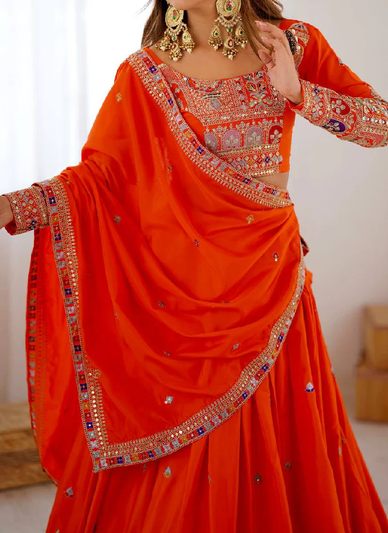 Orange Silk Lehenga Choli with Designer Sequin Embroidery – Latest Party Wear Collection