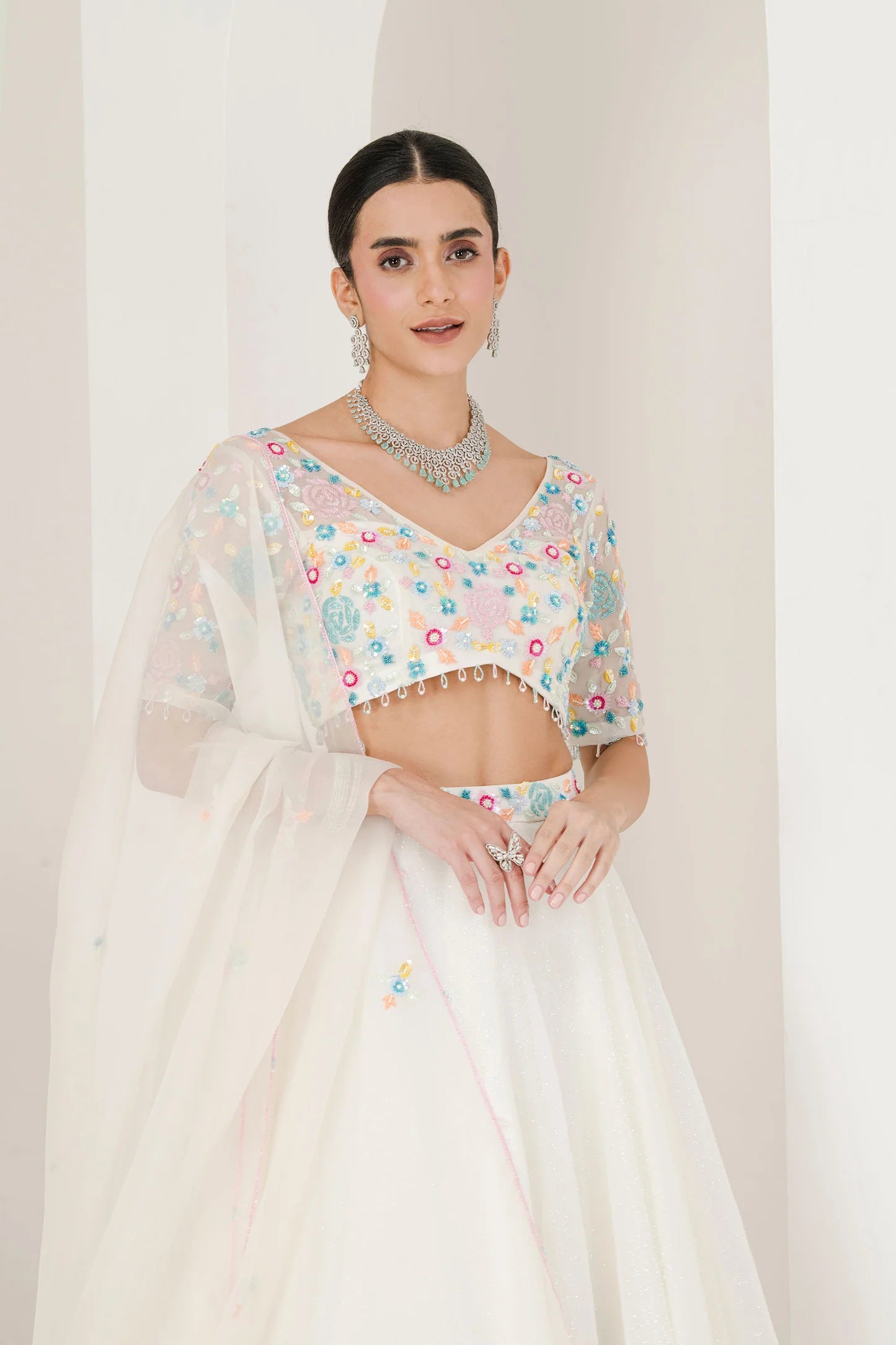 Radiant White Wedding Lehenga Set with Beautiful Floral Embroidery Accents