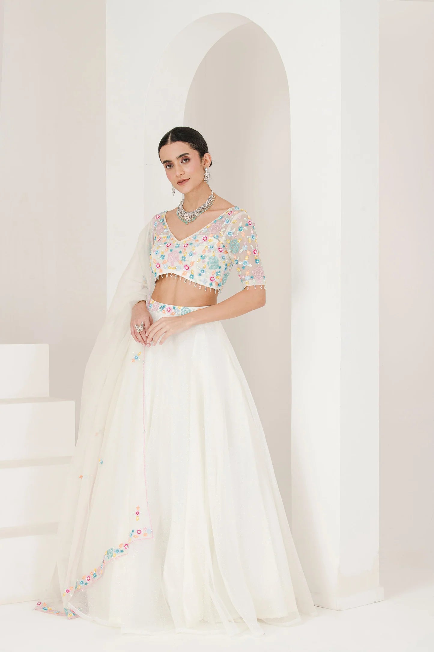Radiant White Wedding Lehenga Set with Beautiful Floral Embroidery Accents
