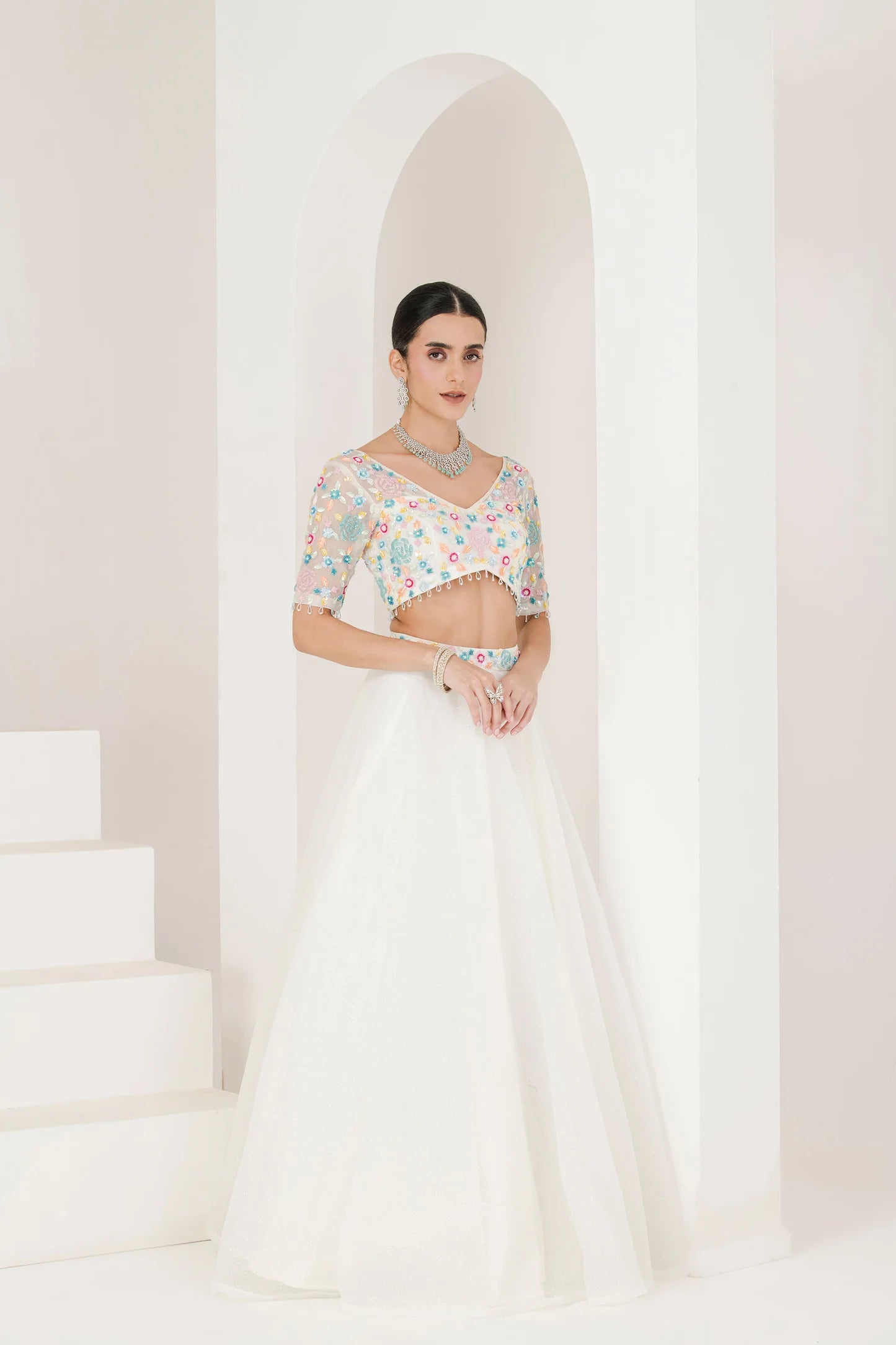Radiant White Wedding Lehenga Set with Beautiful Floral Embroidery Accents