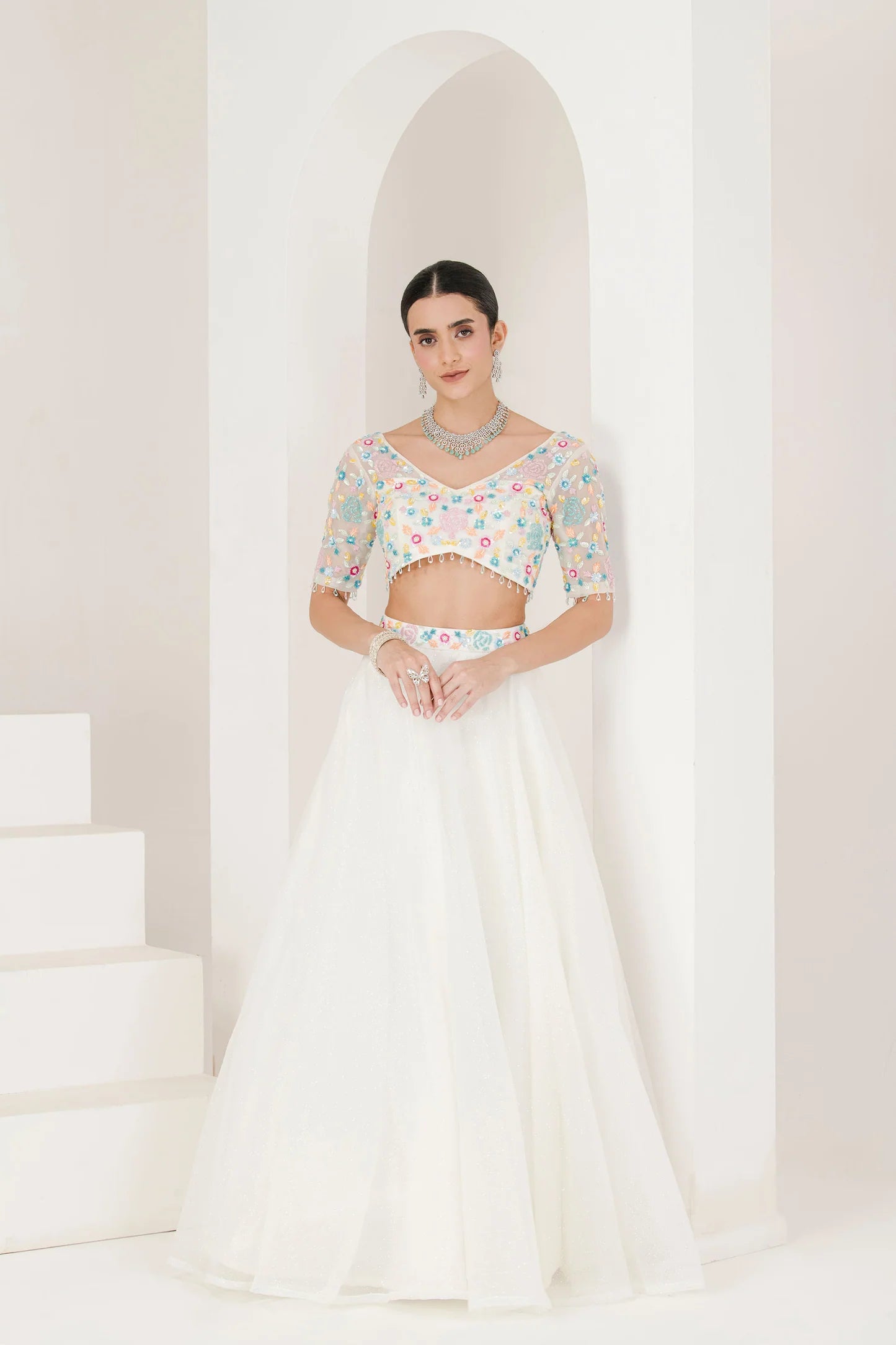 Radiant White Wedding Lehenga Set with Beautiful Floral Embroidery Accents