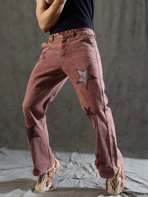 Copper Brown Flared Denim Jeans for Women with Decorative Star Embroidery