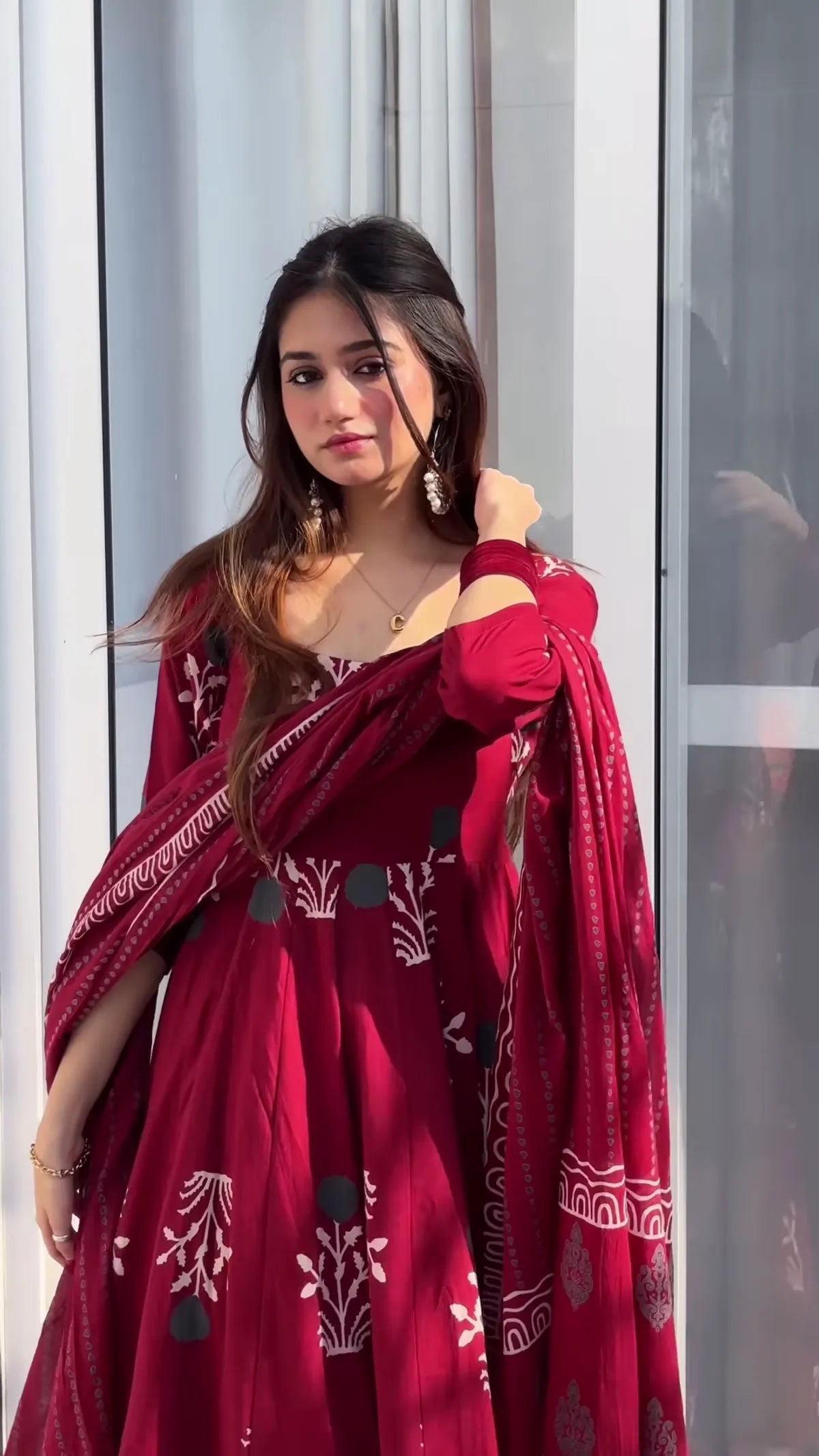 Traditional Ethnic Women’s Maroon Handblock Anarkali Set with Detailed Prints and Coordinated Dupatta for Elegant Look