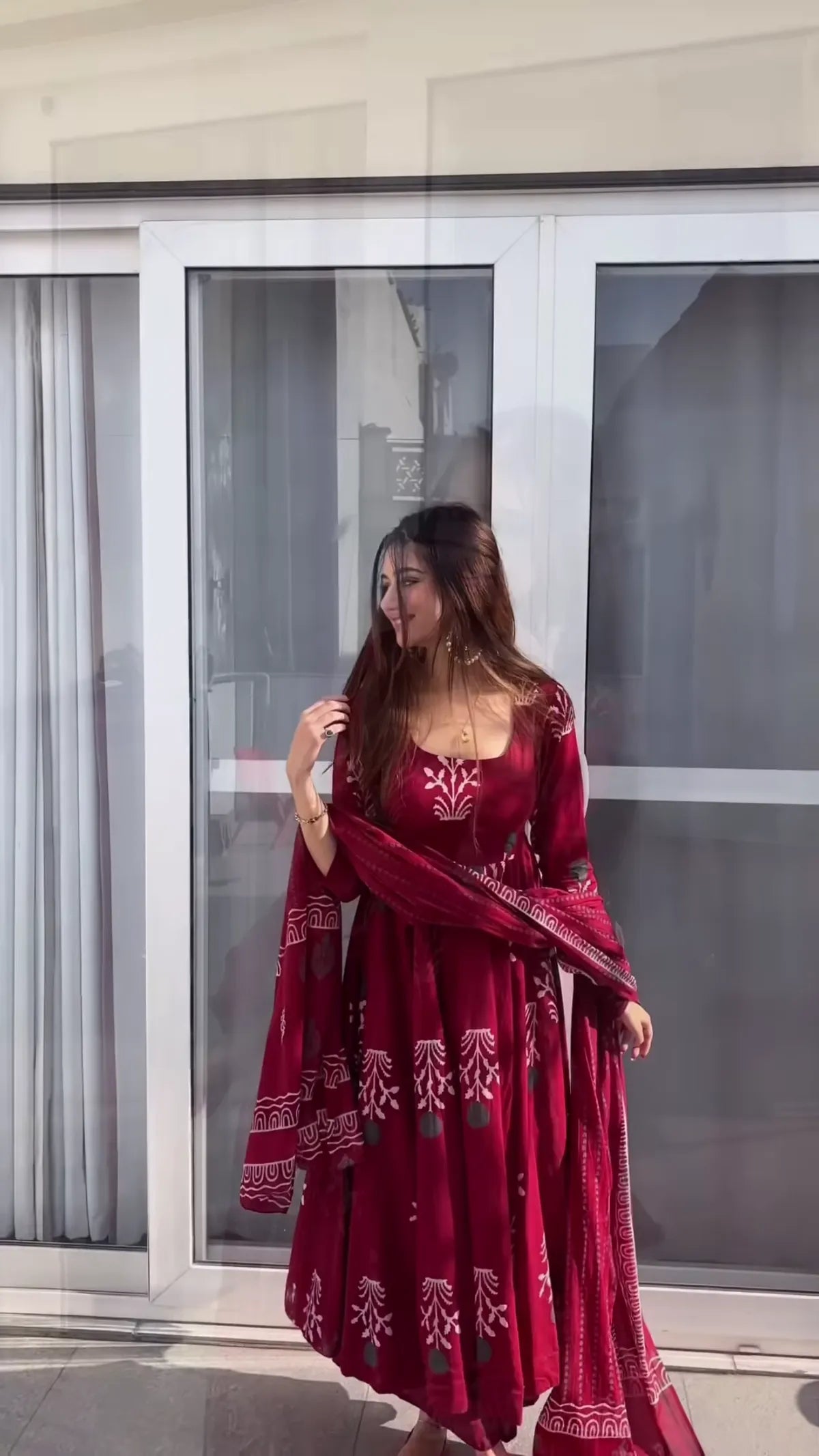 Traditional Ethnic Women’s Maroon Handblock Anarkali Set with Detailed Prints and Coordinated Dupatta for Elegant Look