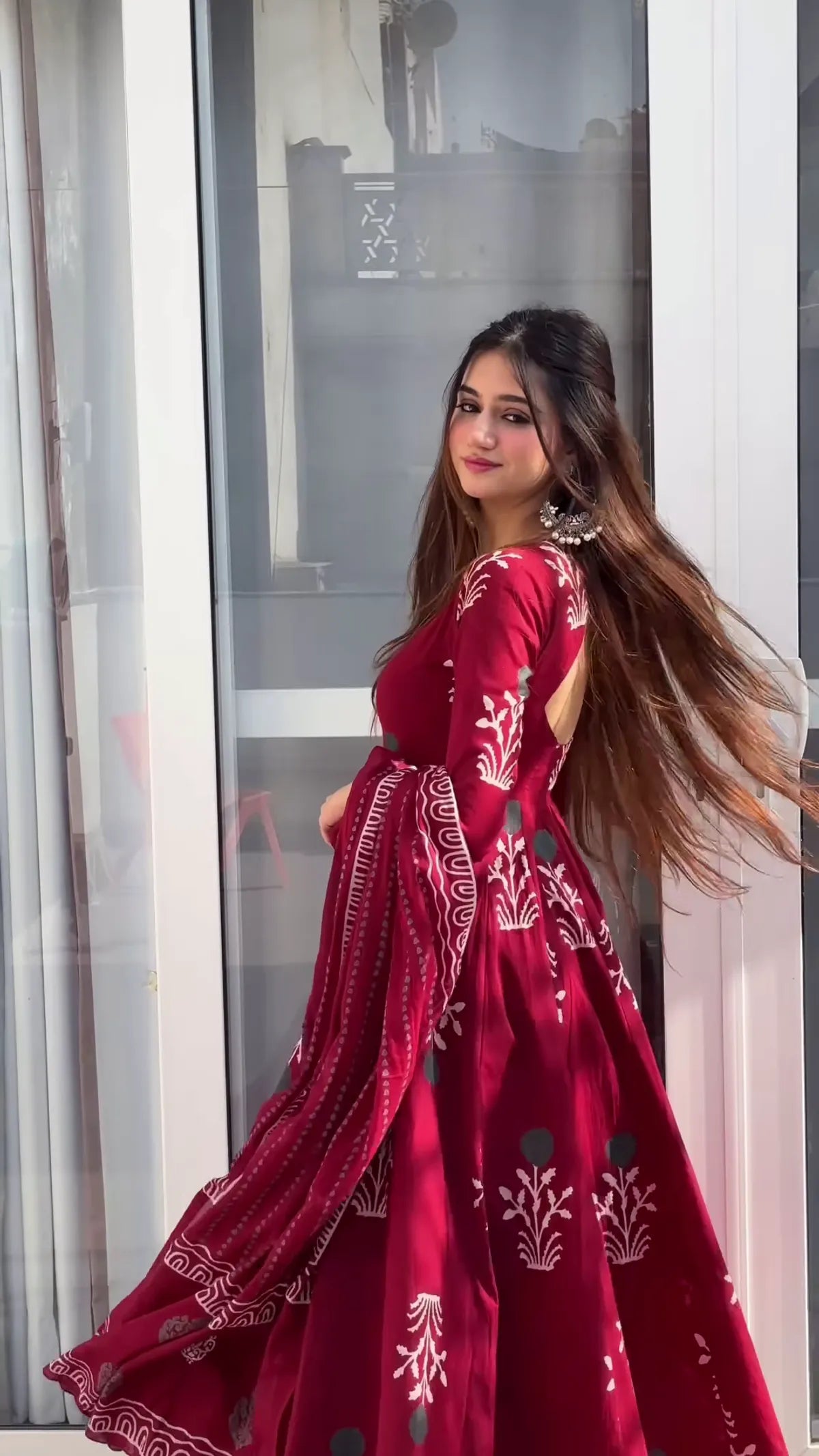 Traditional Ethnic Women’s Maroon Handblock Anarkali Set with Detailed Prints and Coordinated Dupatta for Elegant Look