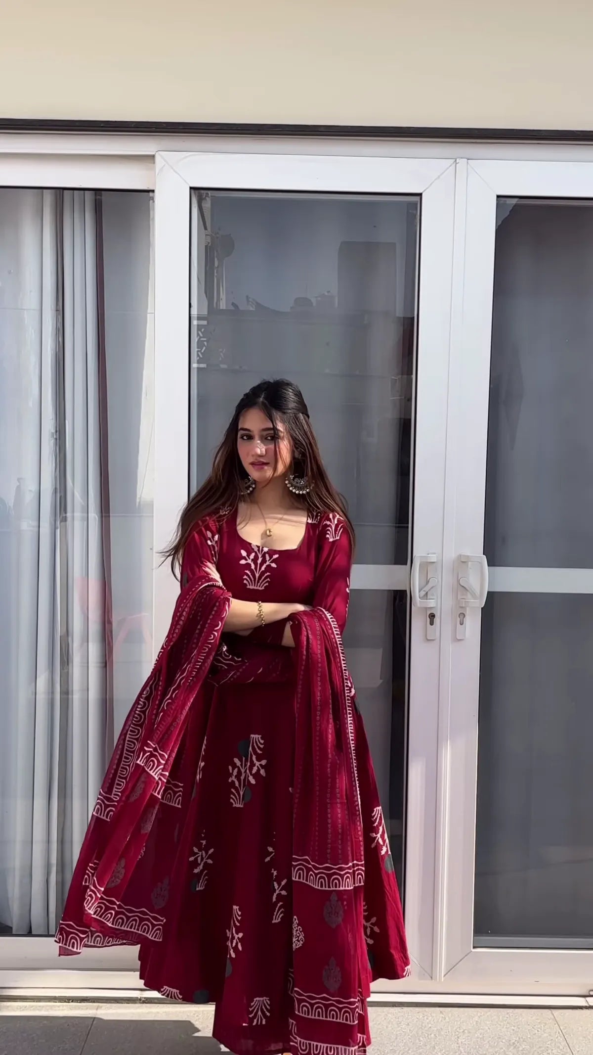 Traditional Ethnic Women’s Maroon Handblock Anarkali Set with Detailed Prints and Coordinated Dupatta for Elegant Look