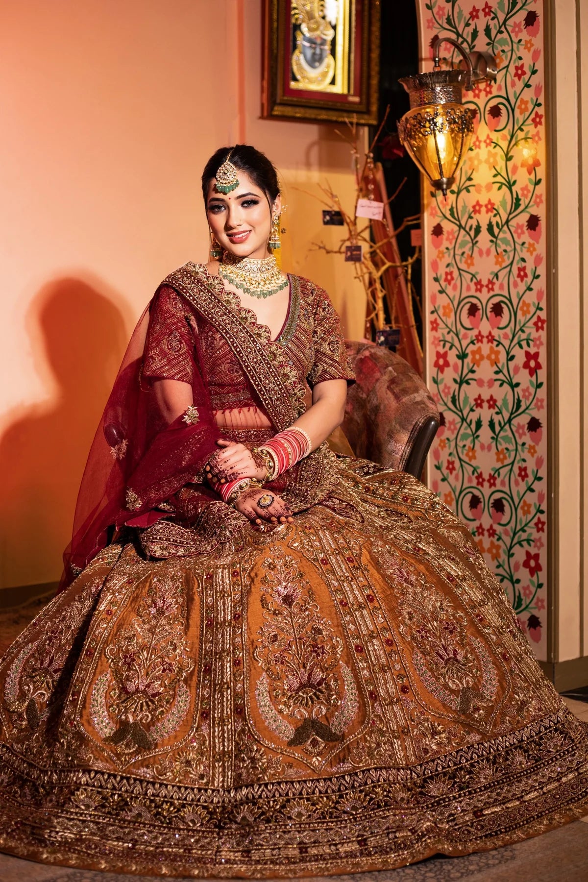 Beautiful Red and Mustard Hand Embroidered Bridal Lehenga Choli Set with Dupatta