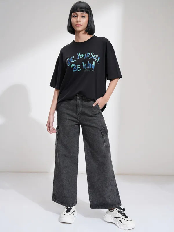 High Quality Women Black Wide Leg Stretchable Jeans with Durable Denim Fabric