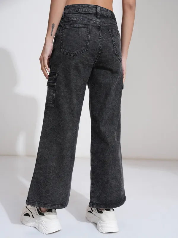High Quality Women Black Wide Leg Stretchable Jeans with Durable Denim Fabric