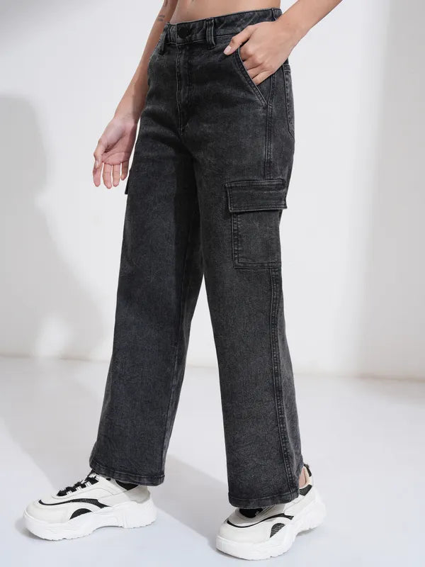 High Quality Women Black Wide Leg Stretchable Jeans with Durable Denim Fabric