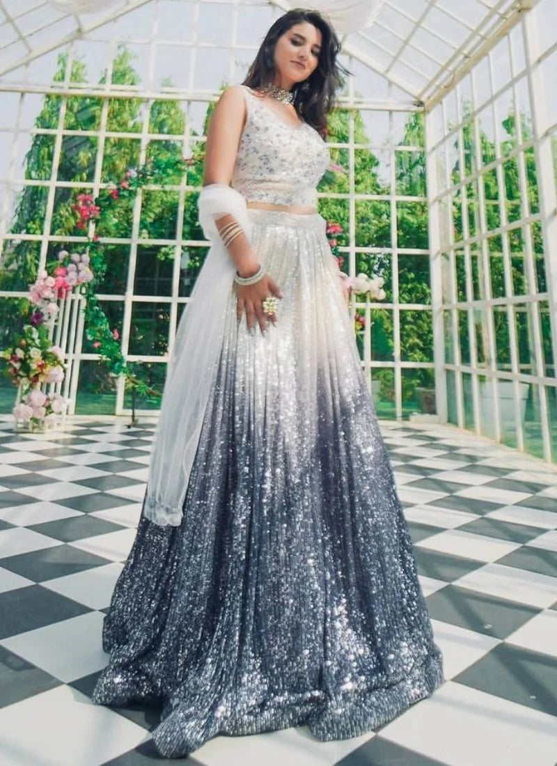 Modern Navy Blue and White Party Wear Lehenga Choli Crafted in Georgette with Decorative Sequence Detailing