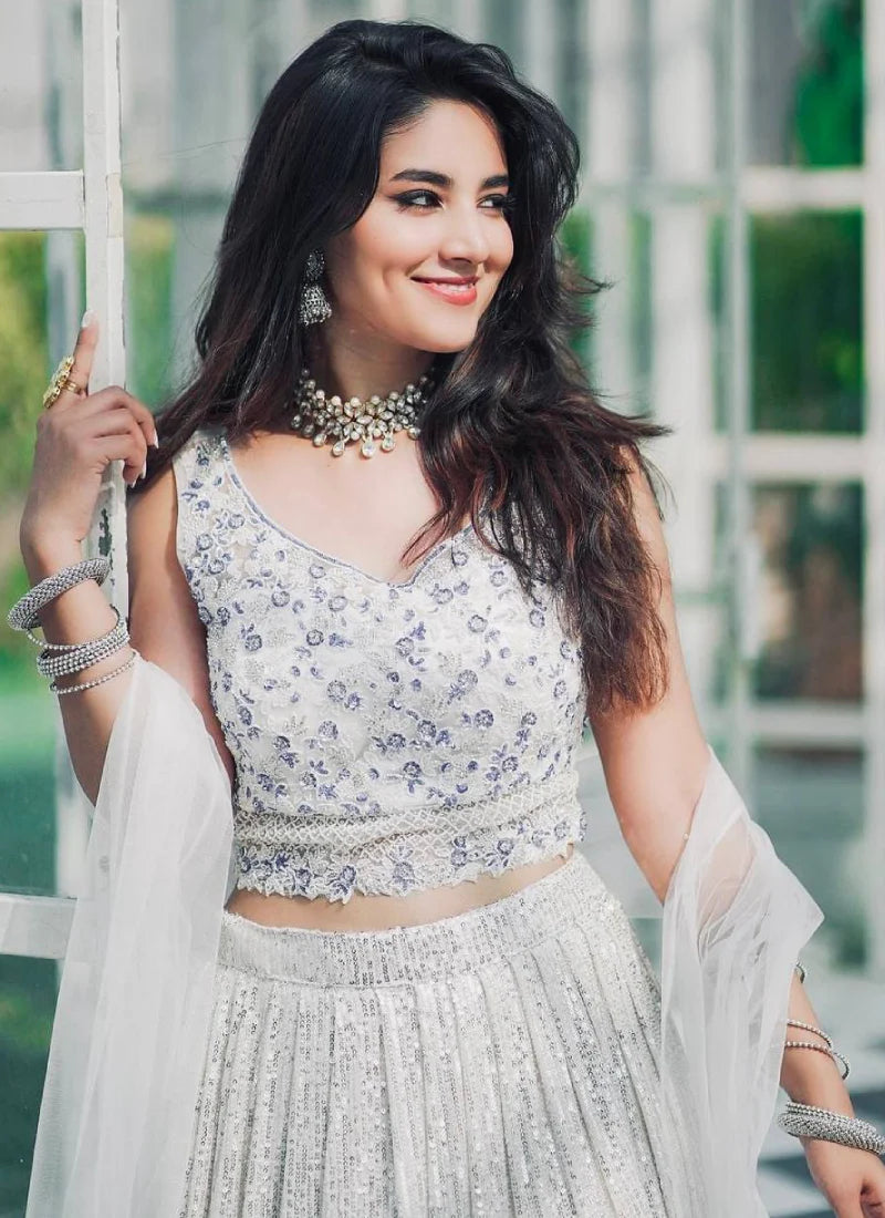 Modern Navy Blue and White Party Wear Lehenga Choli Crafted in Georgette with Decorative Sequence Detailing