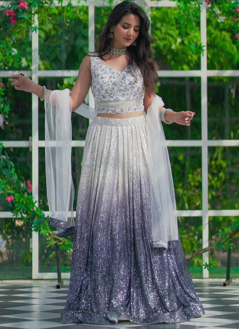 Modern Navy Blue and White Party Wear Lehenga Choli Crafted in Georgette with Decorative Sequence Detailing