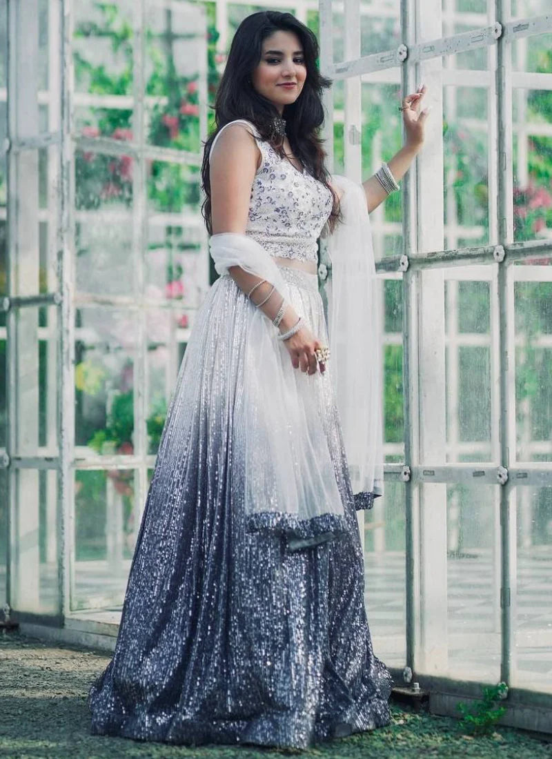 Modern Navy Blue and White Party Wear Lehenga Choli Crafted in Georgette with Decorative Sequence Detailing