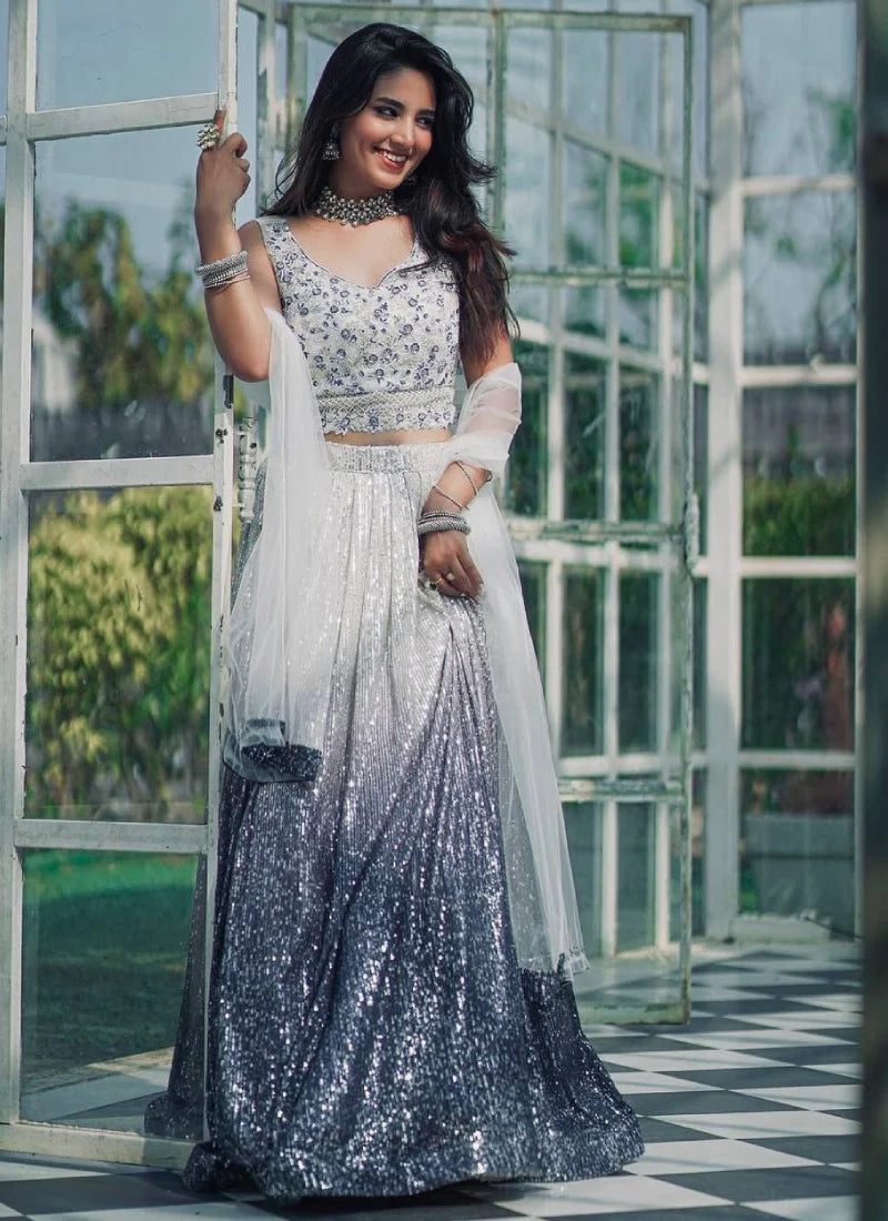 Modern Navy Blue and White Party Wear Lehenga Choli Crafted in Georgette with Decorative Sequence Detailing