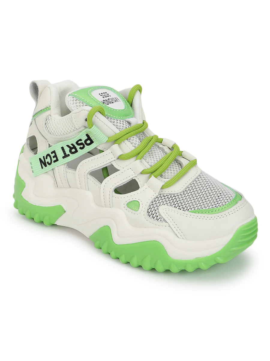 Comfortable White Green Sneakers with PU Upper and Chunky Sole for Everyday Wear