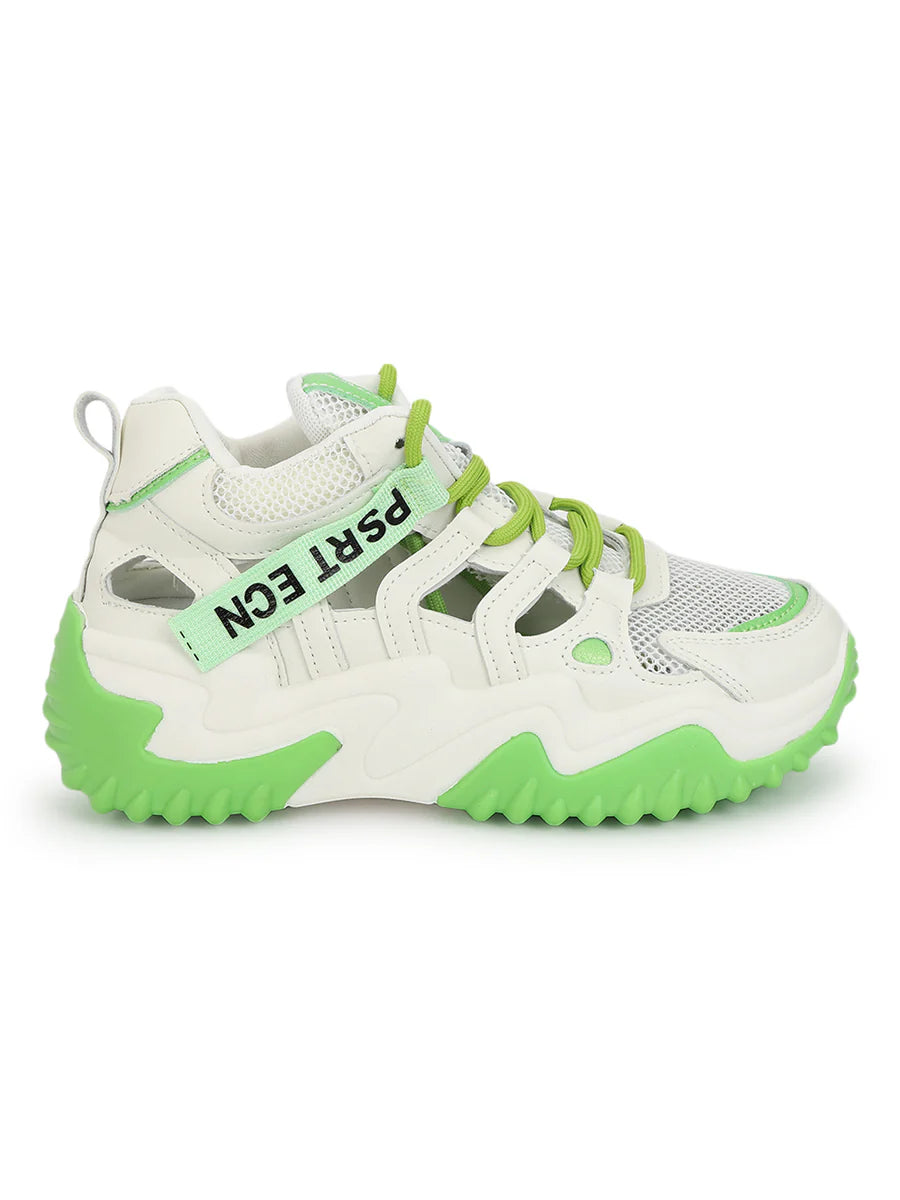Comfortable White Green Sneakers with PU Upper and Chunky Sole for Everyday Wear
