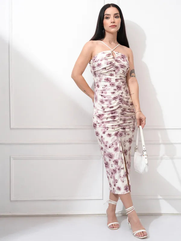 Trendy Women’s Bodycon Purple Printed Dress Perfect for Evening or Club Wear