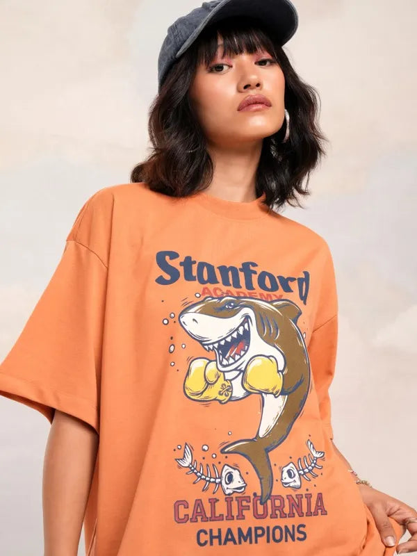Lightweight Women’s Orange Printed Oversized T-Shirt – Everyday Casual Outfit