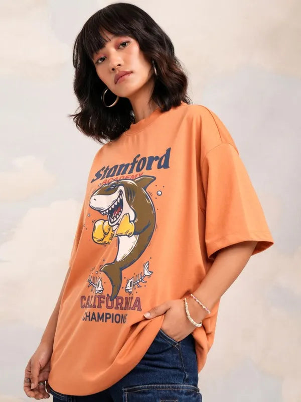 Lightweight Women’s Orange Printed Oversized T-Shirt – Everyday Casual Outfit