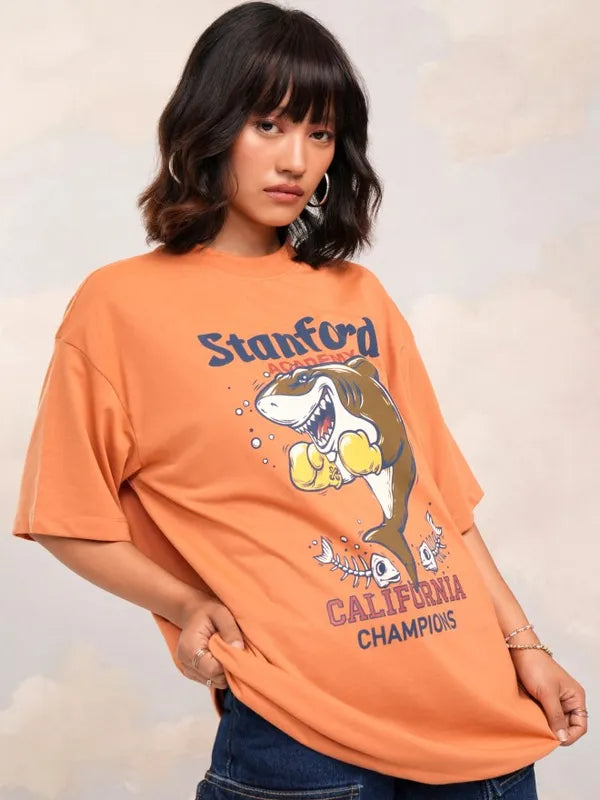 Lightweight Women’s Orange Printed Oversized T-Shirt – Everyday Casual Outfit