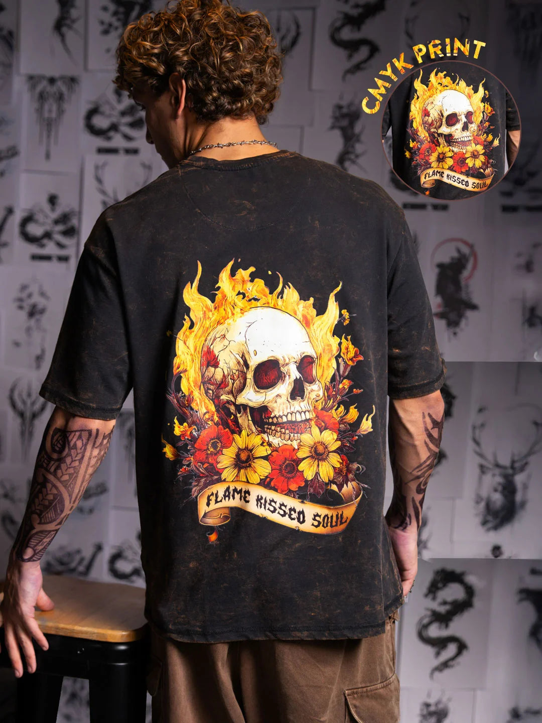 Premium Black T-Shirt with Flame Kissed Skull Printed Graphic Street Style