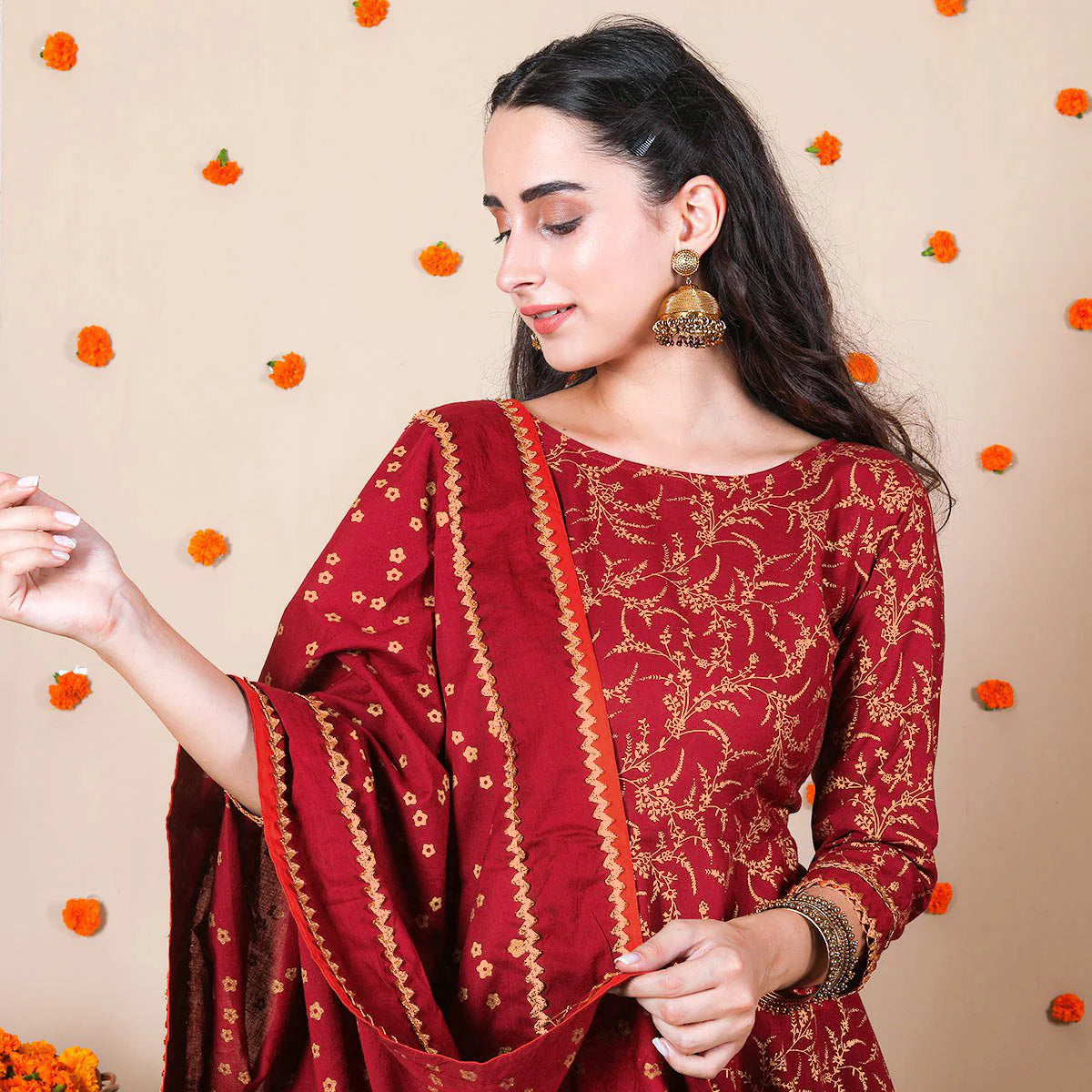Fancy Maroon Kurta Set with Gold Print and Dupatta Ideal for Evening Gatherings and Parties
