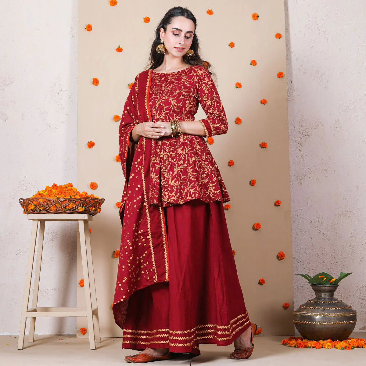 Fancy Maroon Kurta Set with Gold Print and Dupatta Ideal for Evening Gatherings and Parties