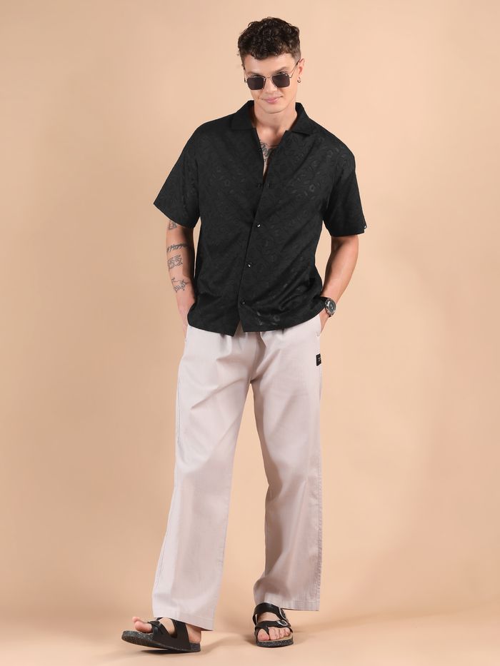 Modern Black Cutwork Jacquard Cuban Shirt with Sleek Minimalist Design for Men