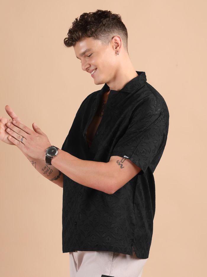 Modern Black Cutwork Jacquard Cuban Shirt with Sleek Minimalist Design for Men