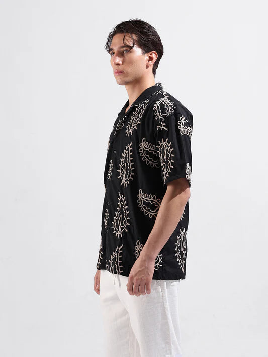 Smart Casual Black Resort Wear Shirt for Men with Relaxed Fit and Fine Embroidery