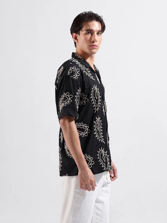 Smart Casual Black Resort Wear Shirt for Men with Relaxed Fit and Fine Embroidery